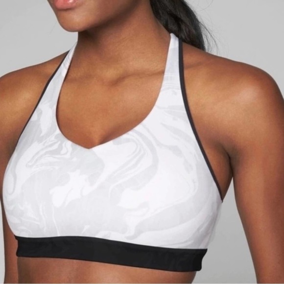 Athleta Sports Bra Small Transcendence Powervita Marble White Gray Balletcore - Picture 1 of 8